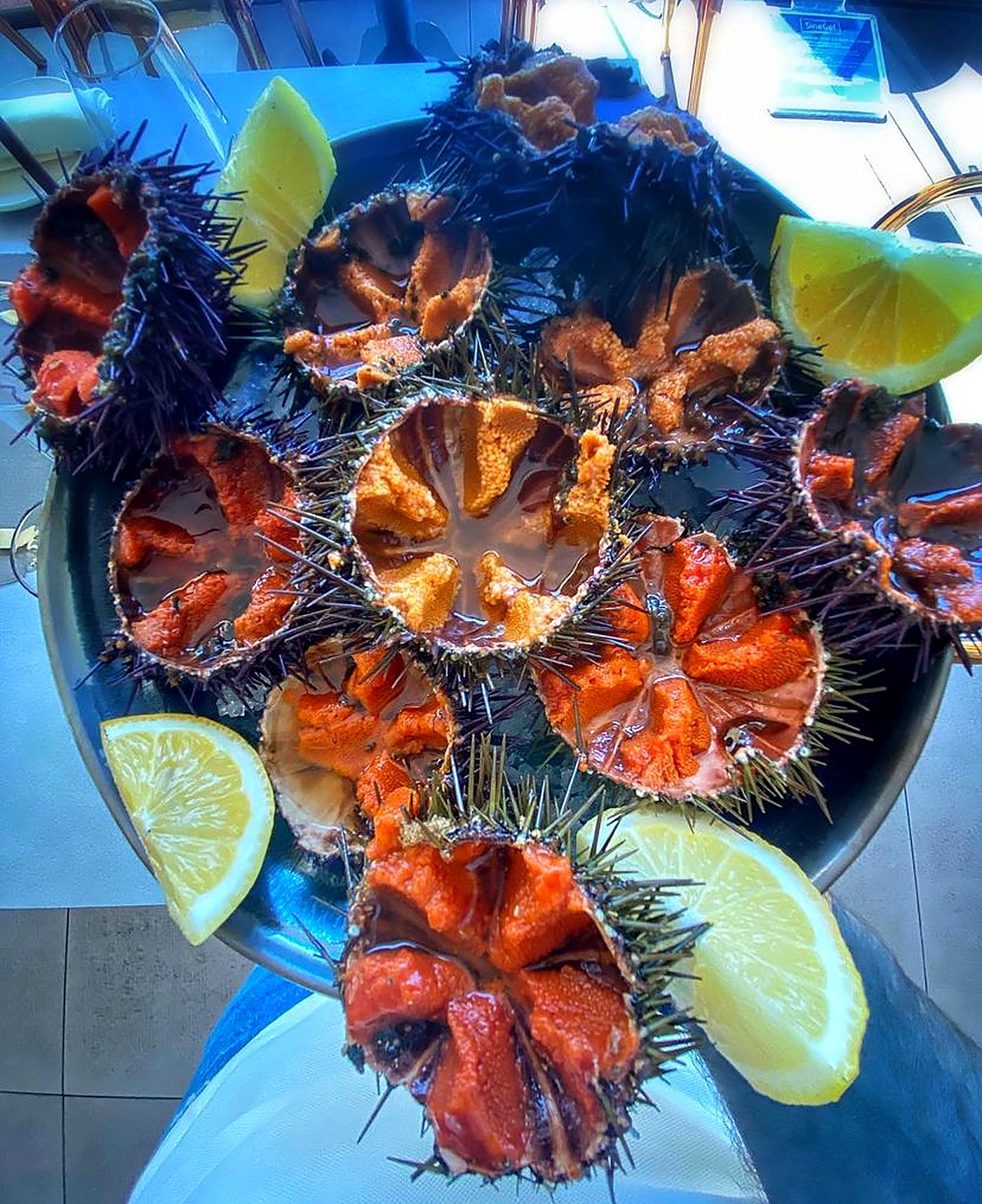 Ricci di mare appena aperti, serviti con spicchi di limone